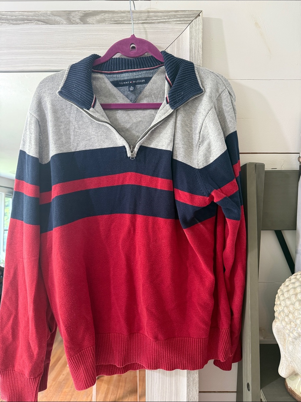 Tommy Hilfiger Red, Navy & Gray V-Neck Half-Zip Sweater